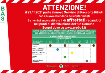 Aroba8, da lunedì 29 novembre parte il nuovo servizio di raccolta differenziata. Invito ai cittadini a ritirare il nuovo kit