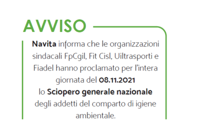 Sciopero nazionale degli addetti del comparto di igiene ambientale dell’8 novembre 2021