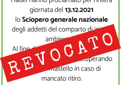 **REVOCATO** Sciopero nazionale degli addetti del comparto di igiene ambientale del 13 dicembre 2021