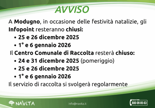 Chiusura CCR in occasione della festività natalizie – Modugno