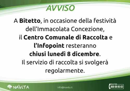 Chiusura CCR in occasione della festività dell’Immacolata Concezione – Bitetto