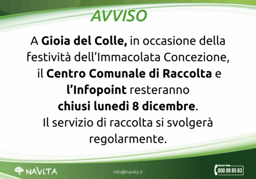 Chiusura CCR in occasione della festività dell’Immacolata Concezione – Gioia del Colle