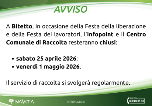 Chiusure 25 aprile e 1 maggio – Bitetto