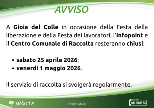 Chiusure 25 aprile e 1 maggio – Gioia del Colle