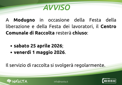 Chiusure 25 aprile e 1 maggio – Modugno