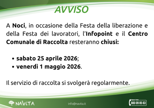 Chiusure 25 aprile e 1 maggio – Noci
