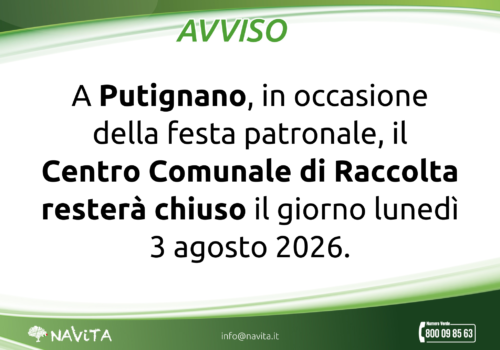 Chiusura CCR Putignano per festa patronale