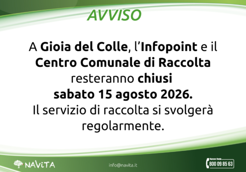 Chiusura CCR e Infopoint Ferragosto – Gioia del Colle