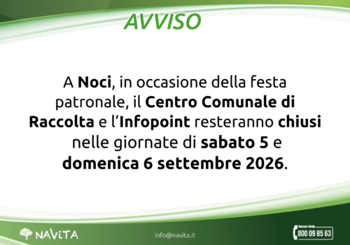 Chiusura CCR e Infopoint Noci per festa patronale