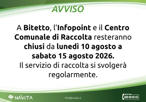 Chiusura CCR e Infopoint Ferragosto – Bitetto