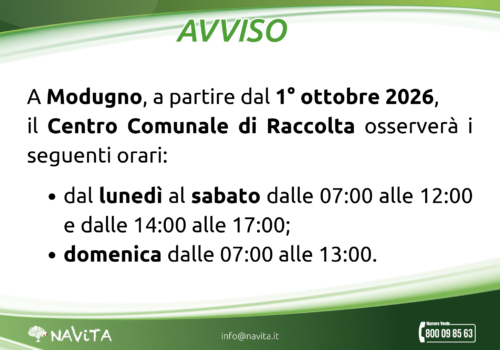 Orari CCR dal 1° ottobre 2026 – Modugno