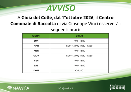 Orari CCR dal 1° ottobre 2026 – Gioia del Colle