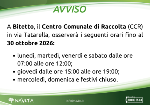 Proroga orari estivi CCR – Bitetto
